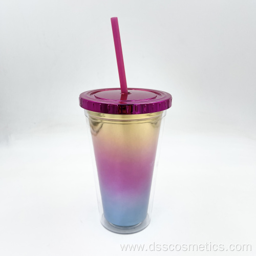 Eco Friendly BPA Free Tumbler 16oz 500ml UV coating Plastic double wall tumbler with straw